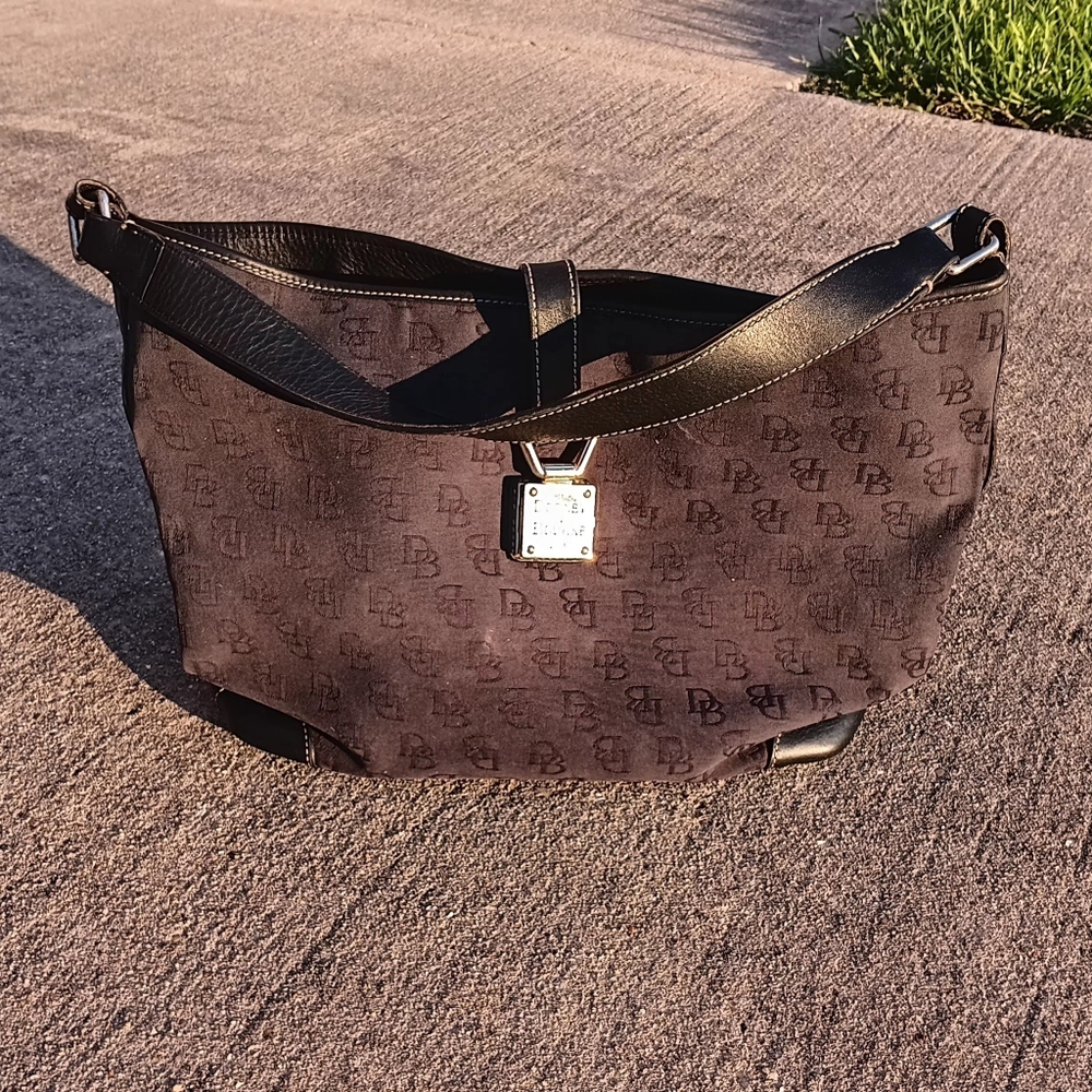 Vintage Dooney & Bourke Signature Monogram Logo Black Hobo Bag